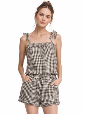 Walter Gingham‎ Cottagecore Coquette Romper Womens XS Black White Festival Boho